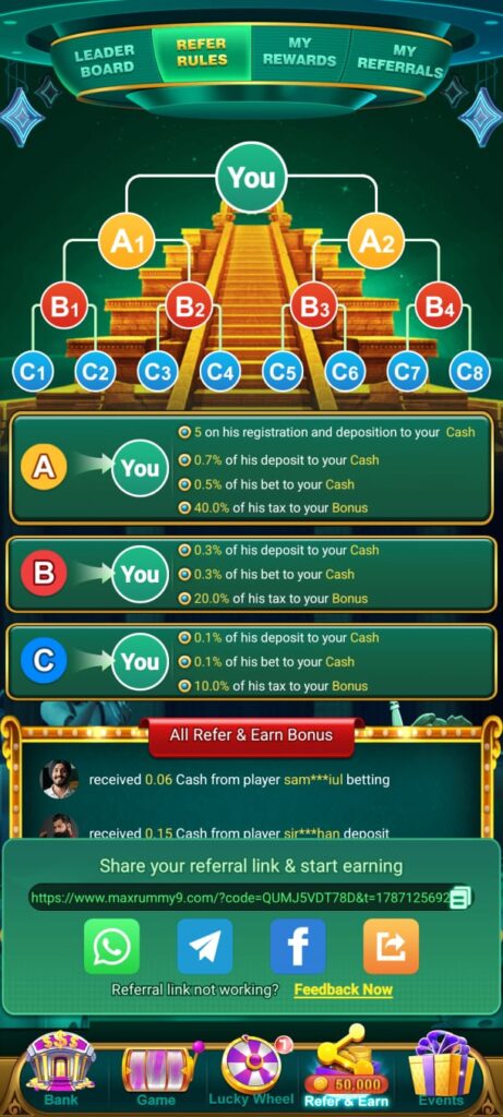 money rummy game refar and earn program